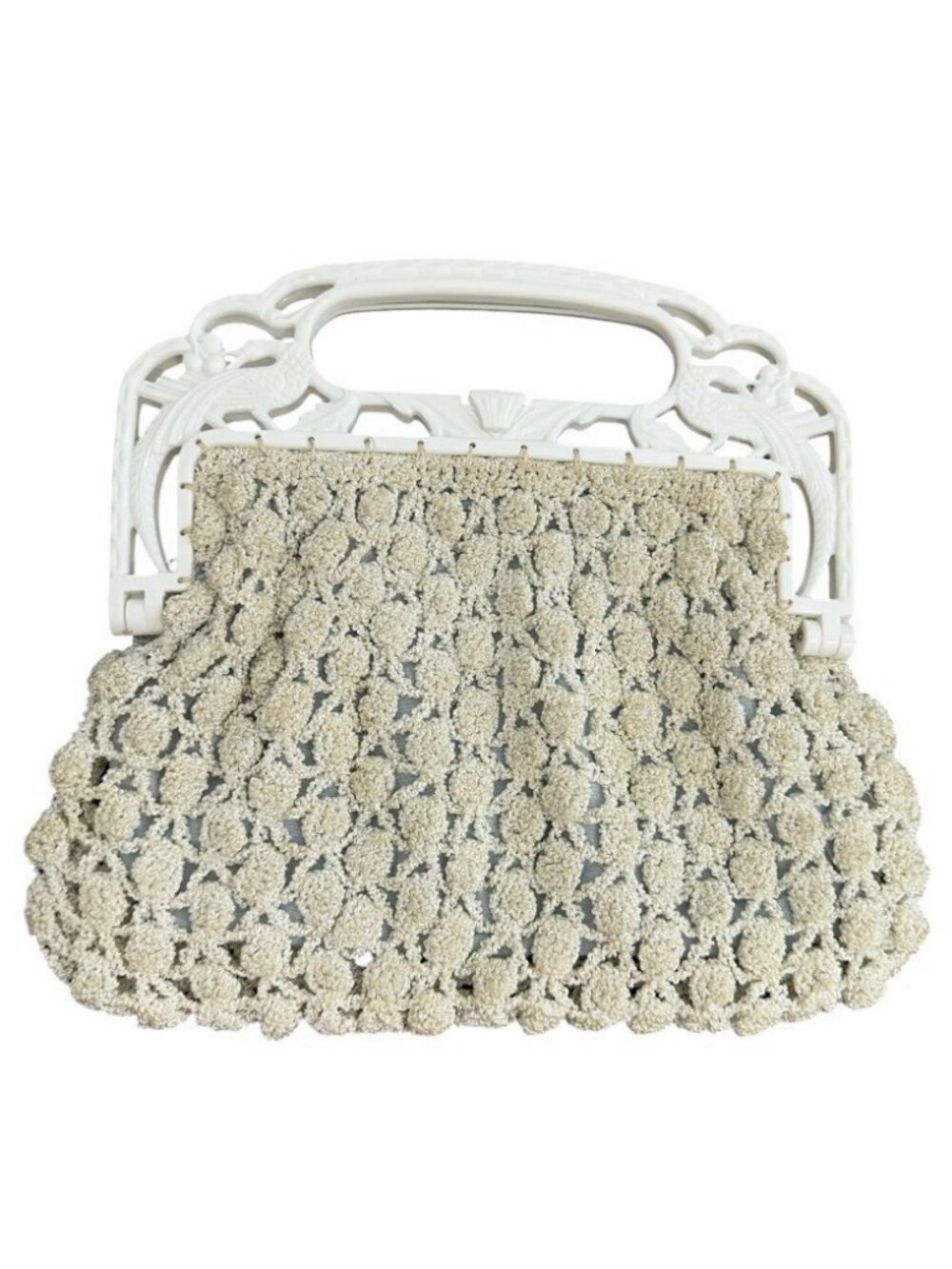 Vtg 1940s Art Deco Popcorn Crochet Purse Carved Celluloid Peacock Handle Cream